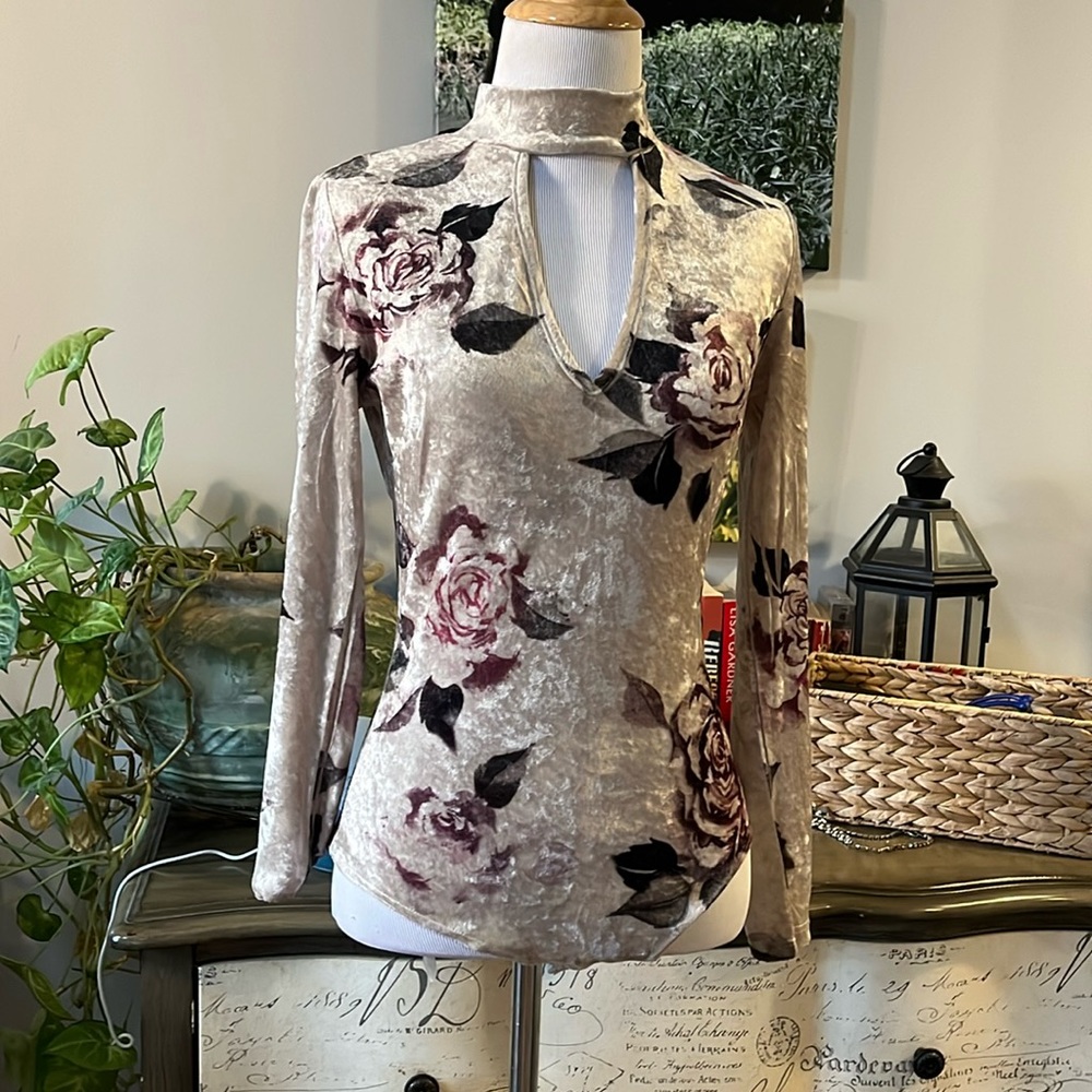 CHARLOTTE RUSSE LONG SLEEVE HIGH NECK ROSE PRINT VELOUR BODYSUIT MULTI SIZE S - Picture 8 of 15